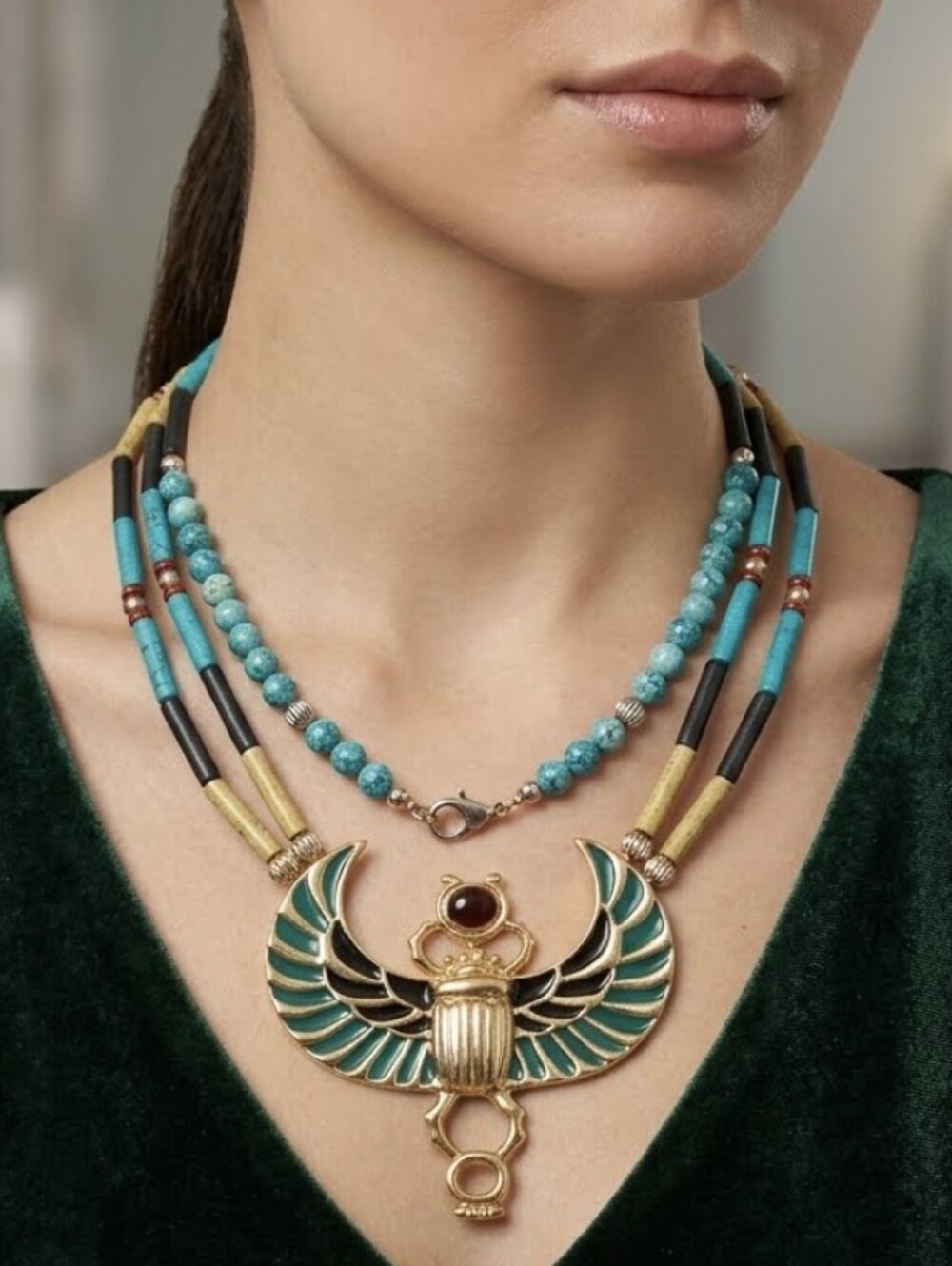 Egyptian Scarab Pendant Necklace in Teal and Gold "ROM " ART JEWELLERY